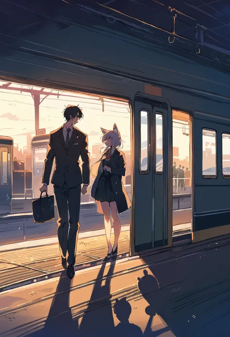 rating_safe, score_9, score_8_up, score_7_up, score_6_up, score_5_up, score_4_up, hires, source_furry(kemono, boy, girl)station, train, station shop, student, salary, suits, evening, perfect anatomy, good lighting, good cinematic shadow, dynamic angle,