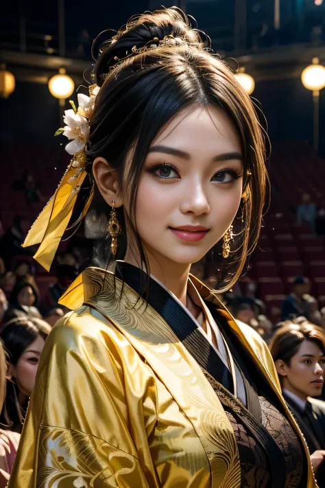 sfw, Beautiful Asian woman with a flirtatious smile, Super busty Ronin wearing a gold lace kimono, Meiji Restoration, blue eyes, focused on the audience, Jimbo&#39;s, cleavage, Drop your shoulders, hd, Uhd, WLOP, art germ, braided hairstyles, big anime eye...