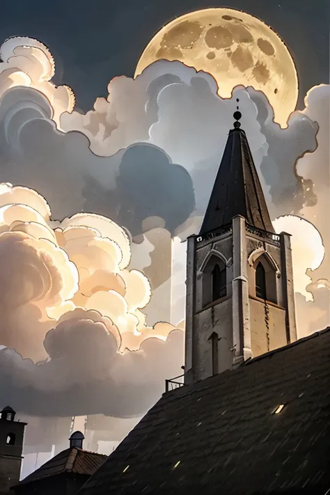 a bell tower and a tower seen from below, clouds, red enamel moon surrounded by white, night sky clouds near the moon, village, night, surreal atmosphere.