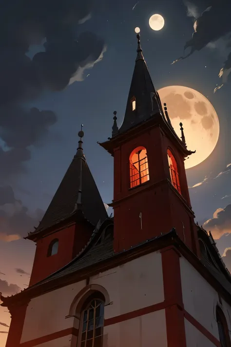 a bell tower and a tower seen from below, clouds, red enamel moon surrounded by white, night sky clouds near the moon, village, ...