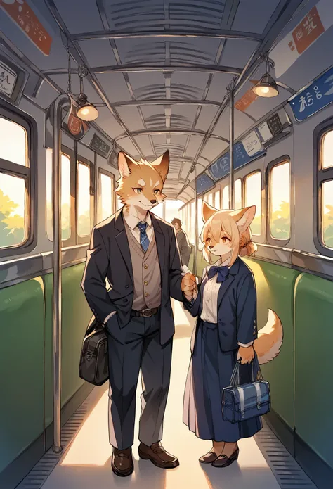 rating_safe, score_9, score_8_up, score_7_up, score_6_up, score_5_up, score_4_up, hires, source_furry(kemono, boy, girl)station, train, salary, suits, evening, perfect anatomy, good lighting,