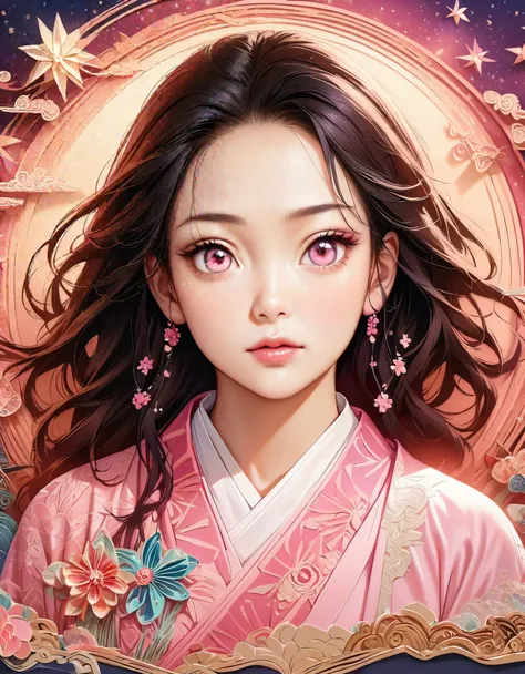 (masterpiece, best quality:1.2), Embossed paper, Solitary，Black LightNezuko from demon slayer. a young woman with long dark hair, (pink eyes), beautiful detailed eyes, beautiful detailed lips, extremely detailed face, longeyelashes, wearing a pink kimono, ...