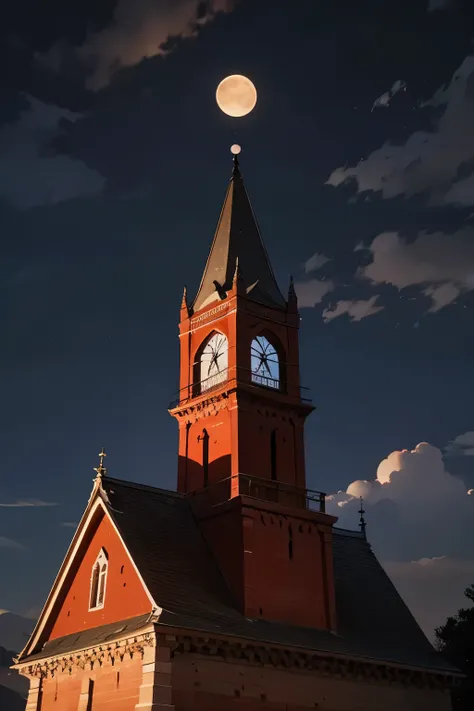 a bell tower and a tower seen from below, clouds, red enamel moon surrounded by white, night sky clouds near the moon, village, ...