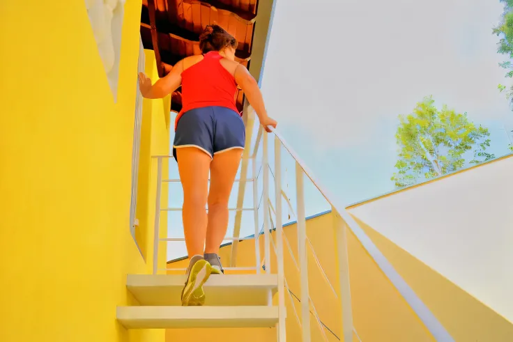 there is a woman that is walking up the stairs to the top of the building, coming down the stairs, side view of her taking steps, wearing red shorts, girl is running, short in stature, standing on a ladder, side shot, stairs, fitness, time to climb the mou...