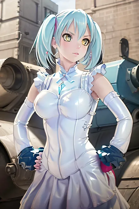 perfect anatomy　highest quality,highest resolution,(((white latex dress　light blue hair)))　yellow eyes　advance wars tabitha