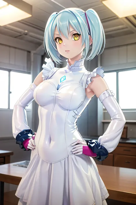 Perfect Anatomy　Highest quality,Highest Resolution,(((White latex dress　Light blue hair)))　[blurry]　8k　Removable sleeves　Sleeveless dress　Yellow Eyes　Advance Wars Tabitha