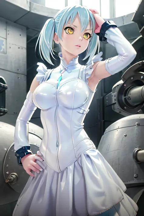 Perfect Anatomy　Highest quality,Highest Resolution,(((White latex dress　Light blue hair)))　[blurry]　16K　Removable sleeves　Sleeveless dress　Yellow Eyes　Advance Wars Tabitha