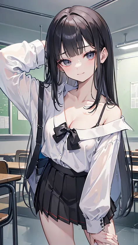 ((masterpiece、Highest quality、Very detailed))、One person、Black Hair、Long Hair、blunt bangs、Grey Eyes、evil smile、Small breasts、((White collared shirt))、Open chest、((clavicle))、((cleavage))、Short sleeve、((Black pleated skirt))、((micro miniskirt))、Cowboy Shot、...