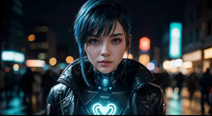 Beautiful gorgeous cyberpunk cyborg woman showing her glowing heart, photo 50 mm, cyberpunk background, blue partially shaved hair, hair bangs, heavy rain in a crowded city, color lights over bright face, detailed city background