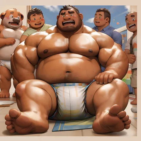 masterpiece, Top quality, in 32K, perfect anatomy, hyper detailed, super fine illustration, The thick man is a brutal prisoner, retarded, hairy human, 50yo in Japan, (fatness: 1.0), Fatty muscle, Bowleg, disappointment, incontinent, be diaper check by chil...