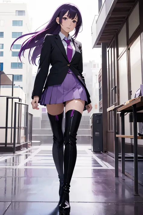 Hitagi senjougahara, anime girl, girl, purple hair, school, school uniform, classroom, boots, thigh boots, black boots, platform boots, high heels, walking