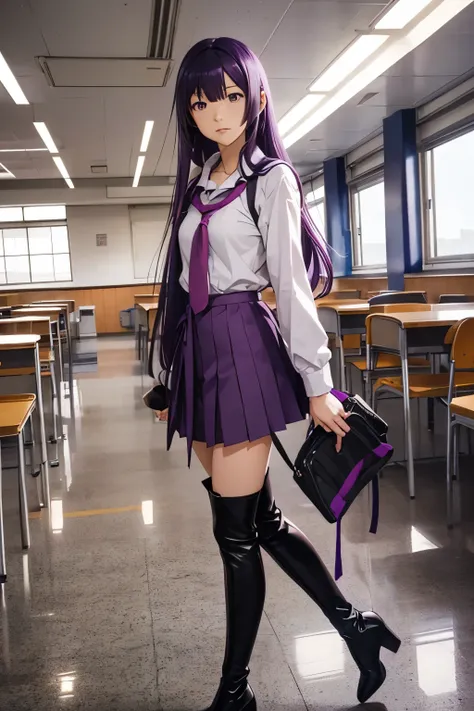 Hitagi senjougahara, anime girl, girl, purple hair, school, school uniform, classroom, boots, thigh boots, black boots, platform boots, high heels, walking