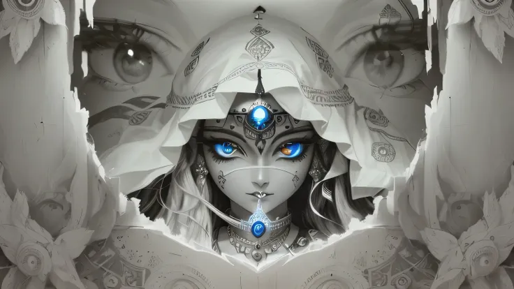 a close-up of a black and white photograph of a window, abrindo o third eye, wedjat eye, THE EYE THAT SEES EVERYTHING, Índia third eye tika, third eye no middle of the forehead, third eye, middle of the forehead, Hidden silver mask of full face, very grain...