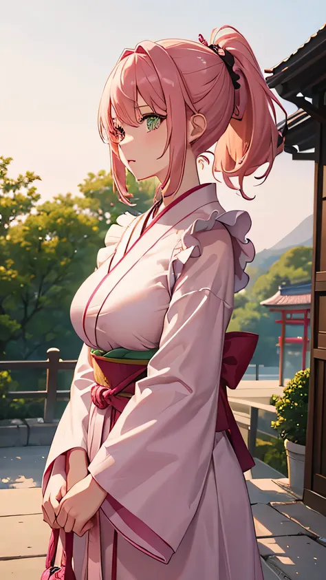 1girl, japanese clothes, ponytail ,pink hair, green eyes, Bright Face、dawn, Clear skies、Maid clothes、Attractive big breasts