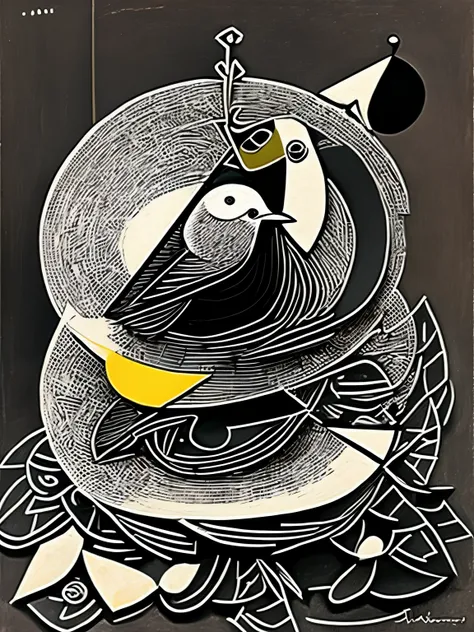 bird on nest, sit on brench, ball, picasso style  expresionism, black and white, artistic composition, subliminal message buy me