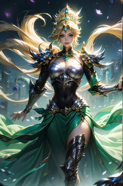 Ultra HD、Ultra-clear、White and beautiful translucent skin、Beautiful and well-proportioned face、Cute smile、Saint Seiya of Libra、Covers the whole body in silver armor、A holy knight in silver armor、Platinum tiara、Silver armor covered in flashy carvings、Heavy ...