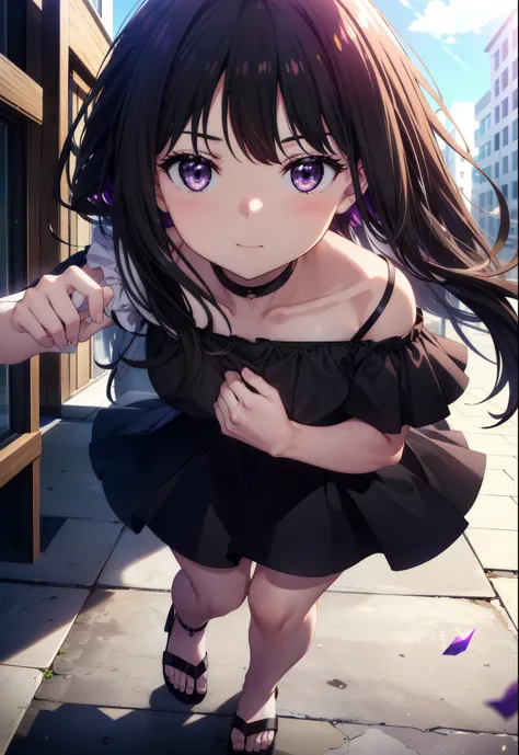 Takiuchikami,Long Hair, bangs, Black Hair, (Purple eyes:1.2),smile,blush,Open your mouth,Off-the-shoulder dress,Bare shoulders,bare clavicle,Bare neck,mini skirt,Cute heeled sandals,Walking,Daytime,Clear skies,whole bodyがイラストに入るように,
break outdoors, Buildin...