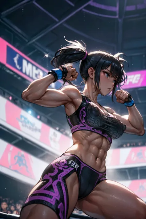 an illustration (young woman, wrestler fighter/kicking, abs, sports bra, erect nipples, (((intricate))) Sparkling light reflects(round breasts), up twin-tails hair, octagon, UFC), dynamic action, in WWE, core intelligence, Run Faster, colorful, intense sha...