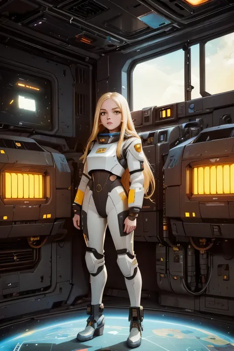 (young girl, , blond hair, photorealistic, pale skin), (yellow (eyes:1.2)), (slim build:1.3), (fantasy space suit), beautiful fa...