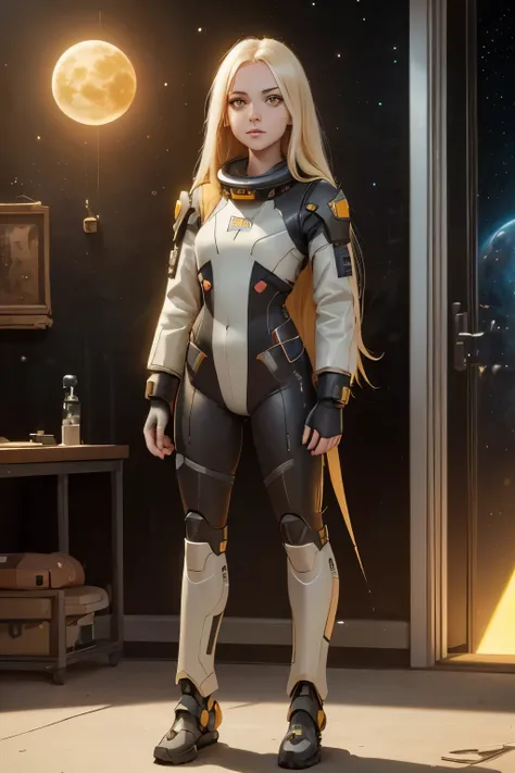 (young girl, , blond hair, photorealistic, pale skin), (yellow (eyes:1.2)), (slim build:1.3), (fantasy space suit), beautiful fa...