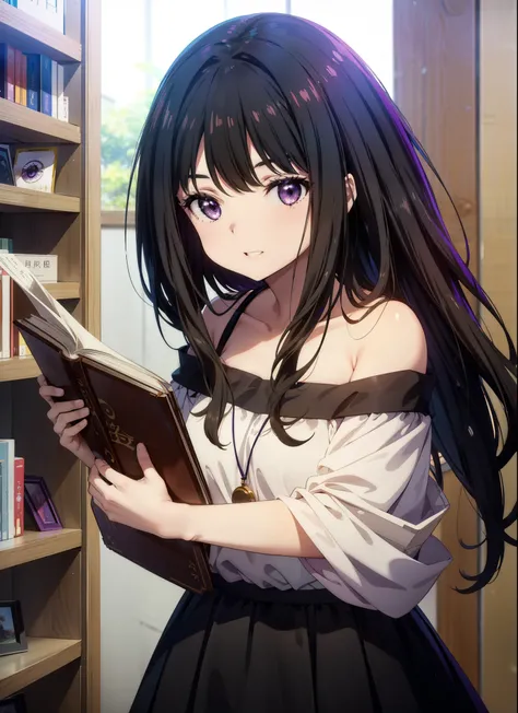 Takiuchikami,Long Hair, bangs, Black Hair, (Purple eyes:1.2),smile,blush,Open your mouth,Off-the-shoulder dress,Bare shoulders,bare clavicle,Bare neck,Rocket Pendant,mini skirt,Cute heeled sandals,Holding a book in both arms,Bookshelf,There are books piled...