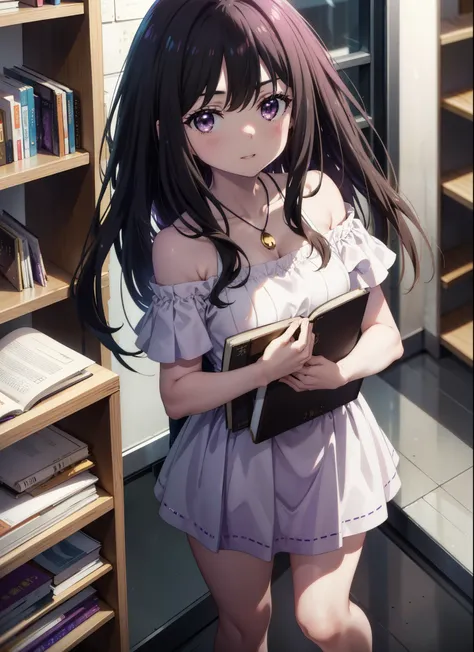 Takiuchikami,Long Hair, bangs, Black Hair, (Purple eyes:1.2),smile,blush,Open your mouth,Off-the-shoulder dress,Bare shoulders,bare clavicle,Bare neck,Rocket Pendant,mini skirt,Cute heeled sandals,Holding a book in both arms,Bookshelf,There are books piled...