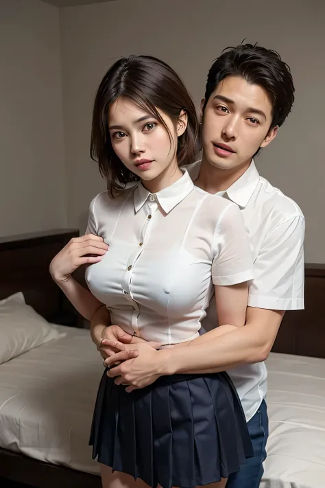 masterpiece，Highest quality，Advanced Details，1 male，1 female，((Hotel Bedroom:1.4))、((Japan woman with short cut hair:1.4))，(((A woman wearing a white short-sleeved shirt and a dark blue pleated skirt for a student uniform:1.4))，((Japanese man wearing jeans...