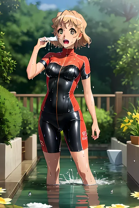 High resolution, Beautiful woman, tanned gyaru, bionde, Attention to detail, Obscene, conversion, ((Shiny wet spandex short sleeve cycling suit)), ((Wet clothes)), ((Soaking wet)), ((Wet look)), Bare thighs, ((Be incontinent)), (pee), peeの染み, large puddles...
