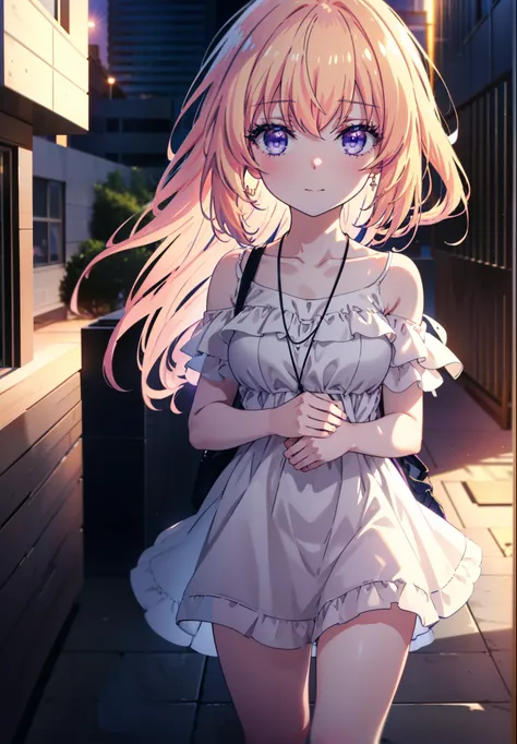 Honamiichinose, honami ichinose, Long Hair, Blonde, (Purple eyes:1.1), Hair between the eyes,smile,blush,Open your mouth,Off-the-shoulder dress,Bare shoulders,bare clavicle,Bare neck,Rocket Pendant,mini skirt,Cute heeled sandals,Daytime,Clear skies,Walking...
