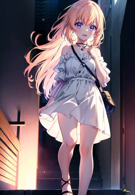 Honamiichinose, honami ichinose, Long Hair, Blonde, (Purple eyes:1.1), Hair between the eyes,smile,blush,Open your mouth,Off-the-shoulder dress,Bare shoulders,bare clavicle,Bare neck,Rocket Pendant,mini skirt,Cute heeled sandals,Daytime,Clear skies,Walking...