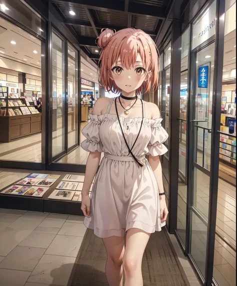 yuiyuigahama, yui yuigahama, short hair, (Brown eyes:1.5), (Pink Hair:1.2), Hair Bun, single Hair Bun,Big Breasts,smile,blush,Open your mouth,Off-the-shoulder dress,Bare shoulders,bare clavicle,Bare neck,Rocket Pendant,mini skirt,Cute heeled sandals,Daytim...