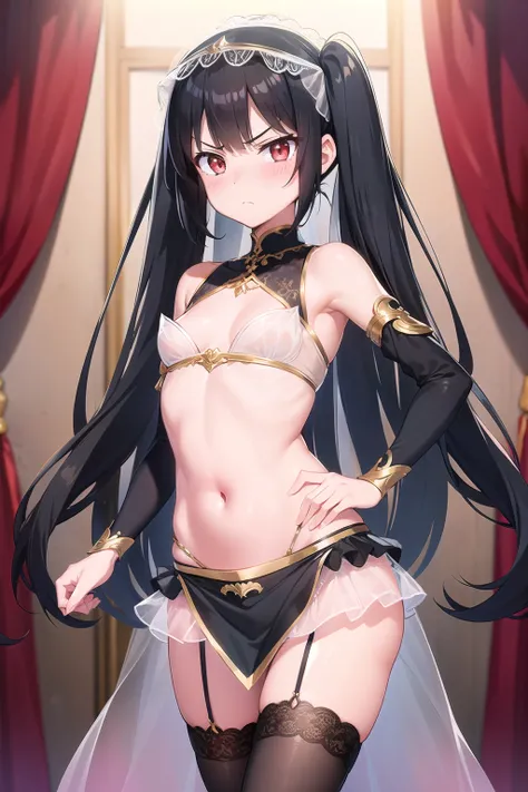 Ultra detailed , anime ,  girl ,angry face ,blush ,veil mouth ,shushing , long black hair twintails frinje,  skinny , flat chest, odalisque custome , pelvic  curtain  garterbelt  lace stockings, belly dance,  ornamental veils transparent , joias , sexy 