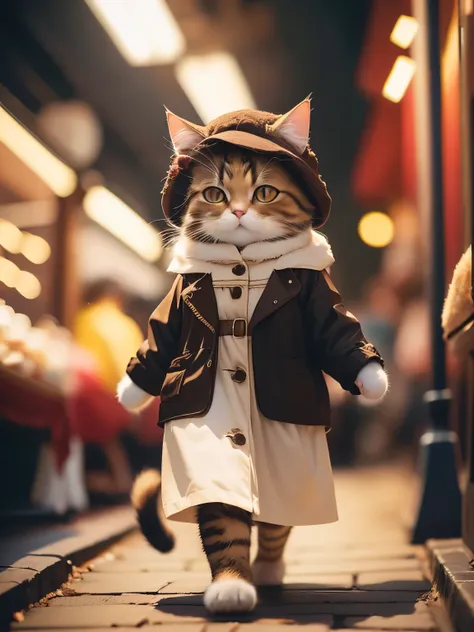 fluffy brown cat, highly detailed cat and fur, wearing dark brown long winter coat, roaming in indonesia market, highly detailed image, kodak 400, atmospheric light, 50mm lens, (detailed eyes and features of cat) realistic cat, 8k