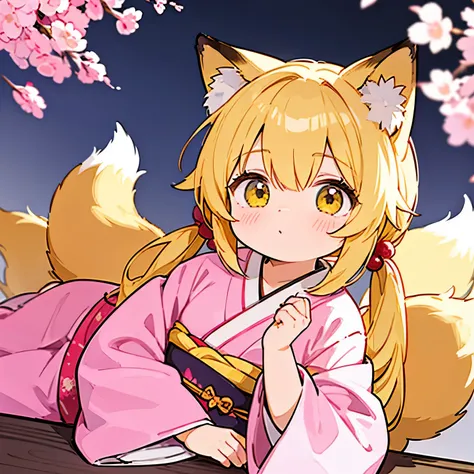 Fox ears、Blonde twin tails、Yellow slanted eye、Pink kimono、Fox&#39;s Tail、fluffy