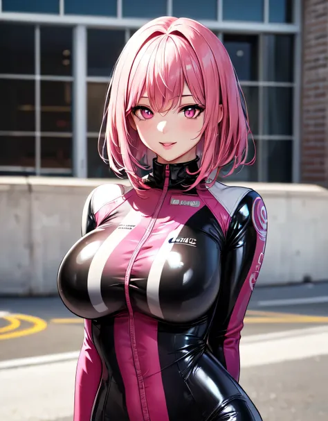 (large breasts:1.55),(shiny,hair),((solo)),((masterpiece)),((best quality)),perfect anatomy,slim waist,perfect image,8k UHD,(beautiful detailed eyes:1.5),extremely detailed face,standing,(upper body:1.25),(look at the front:1.5),arms behindback,ultra-detai...