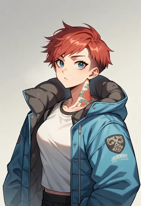  a A young adult woman with a muscular build, short pixie-cut red hair, and grey-blue eyes. She is wearing a winter streetwear jacket and stands with her back to the viewer in a dynamic pose. The image is styled like a comic book illustration, with bold co...