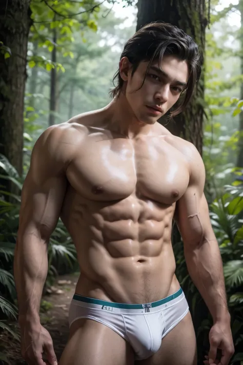 A sexy, muscular male demon in the forest wearing underwear