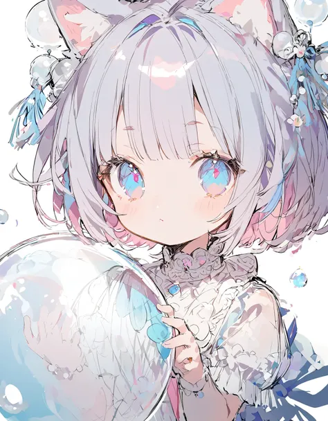 1 girl, (Sketches), (close), (Small body), (Pink Cheeks), (Cute cat ears),light blue Hair, (Short Bob Hair:1.4), (Blue eyes), (Big Hair) , (fringe), (More about the Strand), (White Background), (glass ball)