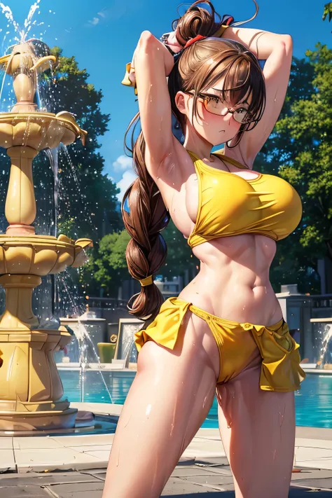 Big tits and big ass anime girl volleyball bikini,high school girl，((((High leg))))，((Highest quality, wonderful,8k, masterpiece :1.3)),(Erotic Body Twist:1.6),Brown long hair, Brown eyes, Green glasses,heart shaped pupils,Sunburned skin, (Super big breast...