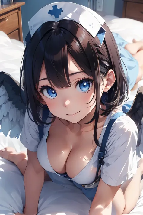 ((Top Quality)), ((Excellent)), (Detailed), ((Angel)), Ultra-Realistic, Stunning Environment, Vivid Colors, , Black Hair, (Young Face), ((Straight Hair)),Big Wings,((White Wings)), (A pair of wings) ,  Shiny Hair, Medium Breasts, ((White nurse uniform)), (...