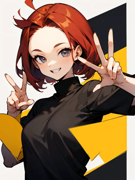 solo,upperbody,(red medium hair),(big forehead),,tsurime,gray eyes,black t-shirts,good hands,(peace sign),white simple background,big smile