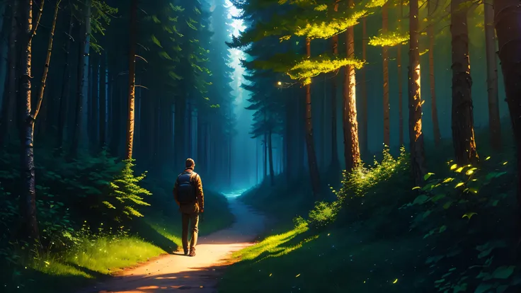 lush enchanted forest, russian guy walking through forest, fireflies,