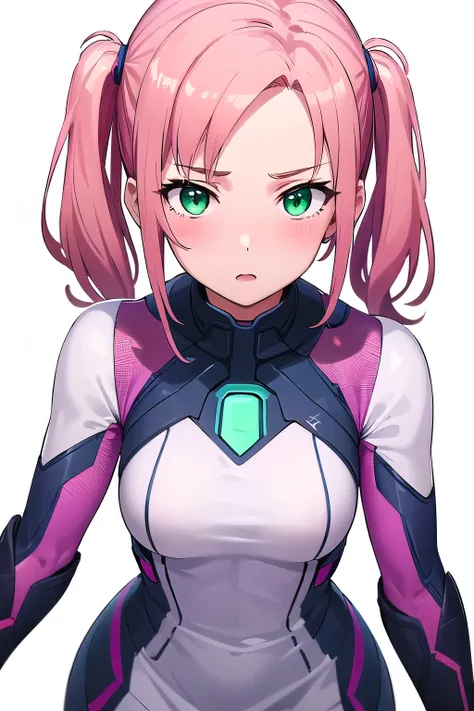 1girl,Samus aran,solo,green eyes, pink hair, forehead   hair, glossy tight white dress,purple stripes,cowboy shot,blush,,Science fiction,ultra-detailed,sharp focus,aesthetic,(best quality), white background