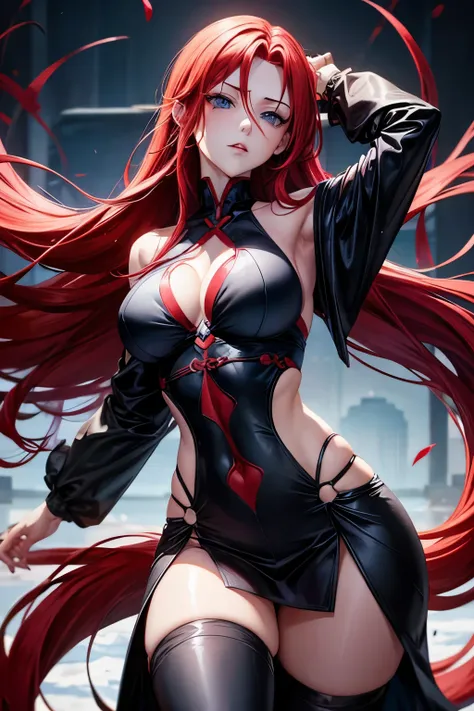 Girl with long red hair, blue eyes medium breasts, thin waist, Labios Rojos Jujutsu Kaisen