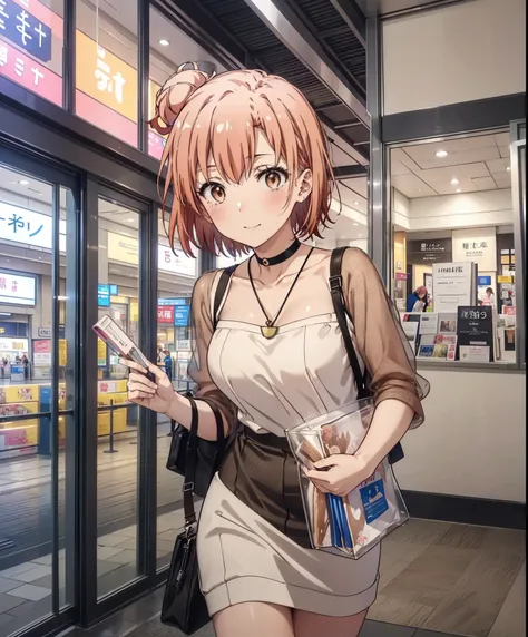 yuiyuigahama, yui yuigahama, short hair, (Brown eyes:1.5), (Pink Hair:1.2), Hair Bun, single Hair Bun,Big Breasts,smile,blush,Open your mouth,Off-the-shoulder dress,Exposing shoulders,bare clavicle,Bare neck,Rocket Pendant,mini skirt,Cute heeled sandals,Da...