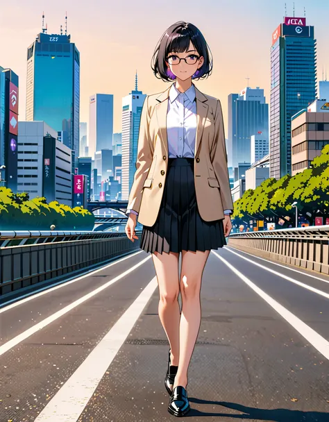 masterpiece, best quality, medium breasts, solo, (jet black hair, short hair, bob hair, purple eyes, bangs), (full body), city backdrop, tokyo city backdrop, perspective, solo, solo focus, walking, beige suit jacket, glasses, white shirt, collared shirt, b...