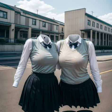 (invisible, no humans, headless, handless, legless:1.5), (cute big breast, fat), upper body,school_uniform,bowtie,green_bow,green_bowtie,skirt,pleated_skirt,kneehighs,plaid_skirt,green_skirt, sweater vest, 
(8k, RAW photo, best quality, masterpiece:1.2), (...