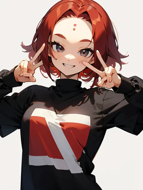 solo,(leaning foward:1.3),cute face,upperbody,(red medium hair),(big forehead),(tsurime),gray eyes,black t-shirts,good hands,(peace sign),white simple background,big smile