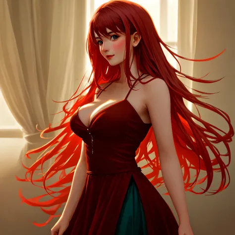 High Definition, (better detail) (Best Quality), Redhead woman posing for a photo with long red hair bushy breasts and green dress, mature and beautiful, Natural light and shadow