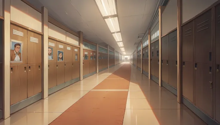 "A bustling high school hallway with polished floors and rows of lockers lining both sides. Students are walking to and from their classes, some chatting in small groups, while others are hurriedly opening their lockers to grab books. Bulletin boards are f...